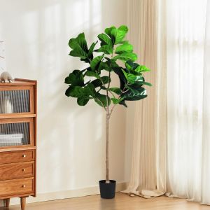 2 Packs Artificial Trees, 5 ft Tall Fiddle Leaf Fig Tree Faux Topiary Outdoor, Fake Topiary Boxwood Plant with Planters for Front Porch Home Green Décor Fall Decorations