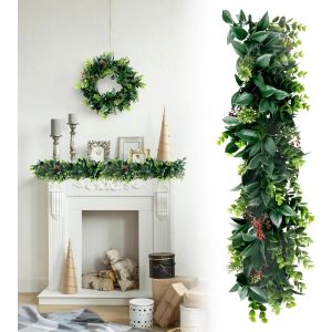 Patio Artificial Vines 19.7" Fake Hanging Plants-2Pcs Faux Ivy Vine Leaves Flower Garland Fake Fern for Indoor Bedroom Wall Décor Outdoor Greenery Backdrop Wedding Decoration, Dark Green with red