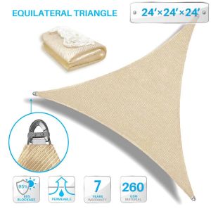 Large Sun Shade Sail 24' x 24' x 24' Equilateral Triangle Heavy Duty Strengthen Durable Outdoor Canopy UV Block Fabric A-Ring Design Metal Spring Reinforcement 7 Year Warranty -Sand